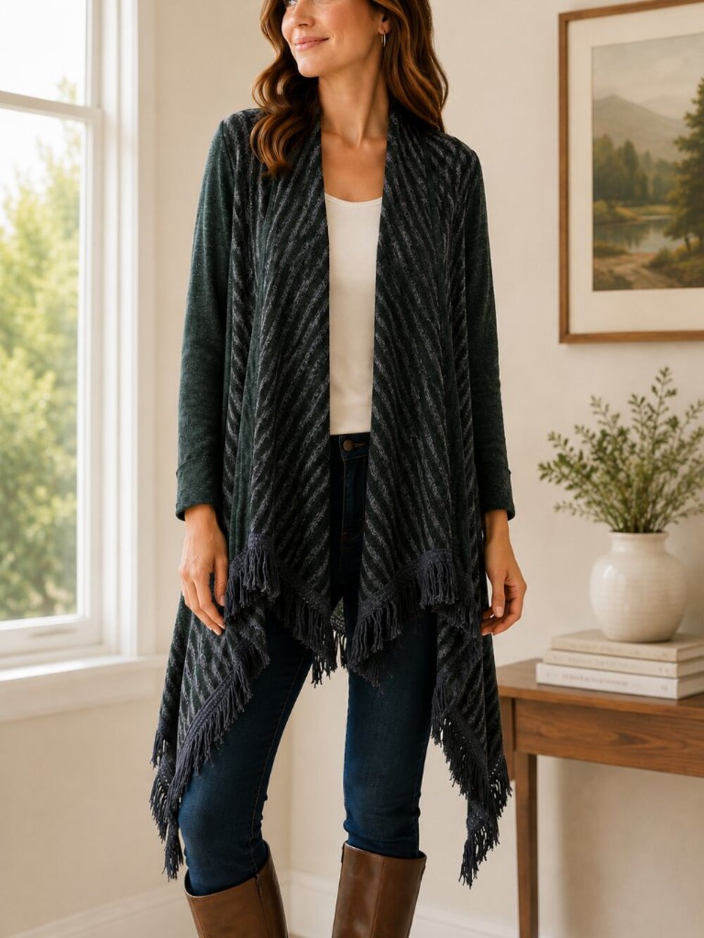Anthropologie Saturday Sunday Elise Fringe Blanket Cardigan Green Medium